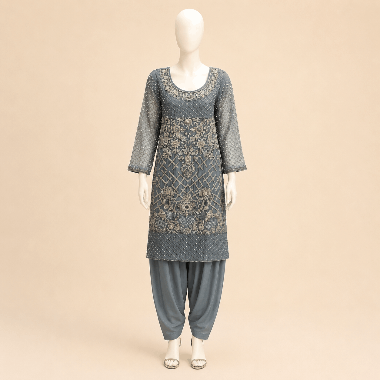 Slate Grey Pearl-Embroidered Kurta Set – 0135M