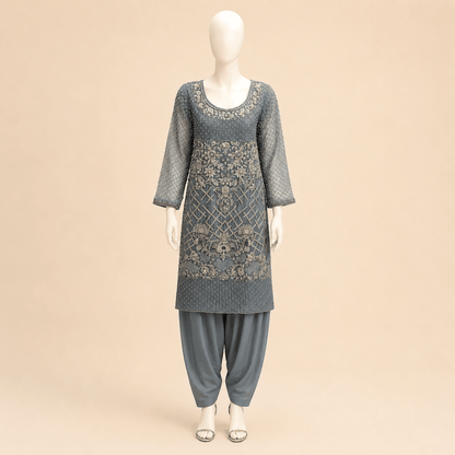 Slate Grey Pearl-Embroidered Kurta Set – 0135M