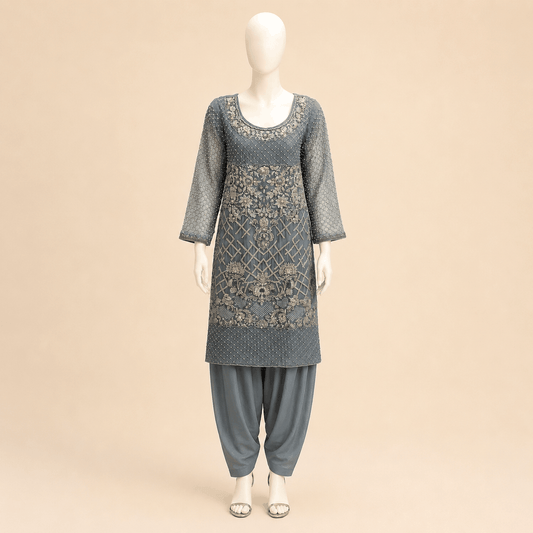 Slate Grey Pearl-Embroidered Kurta Set – 0135M