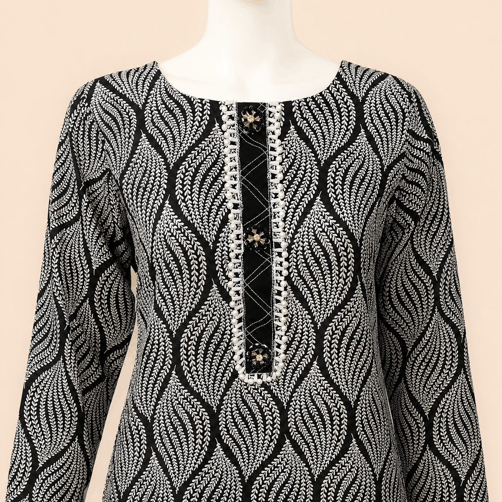 Monochrome Leaf-Print Kurta with Pearl-Trimmed Trousers – 0079M