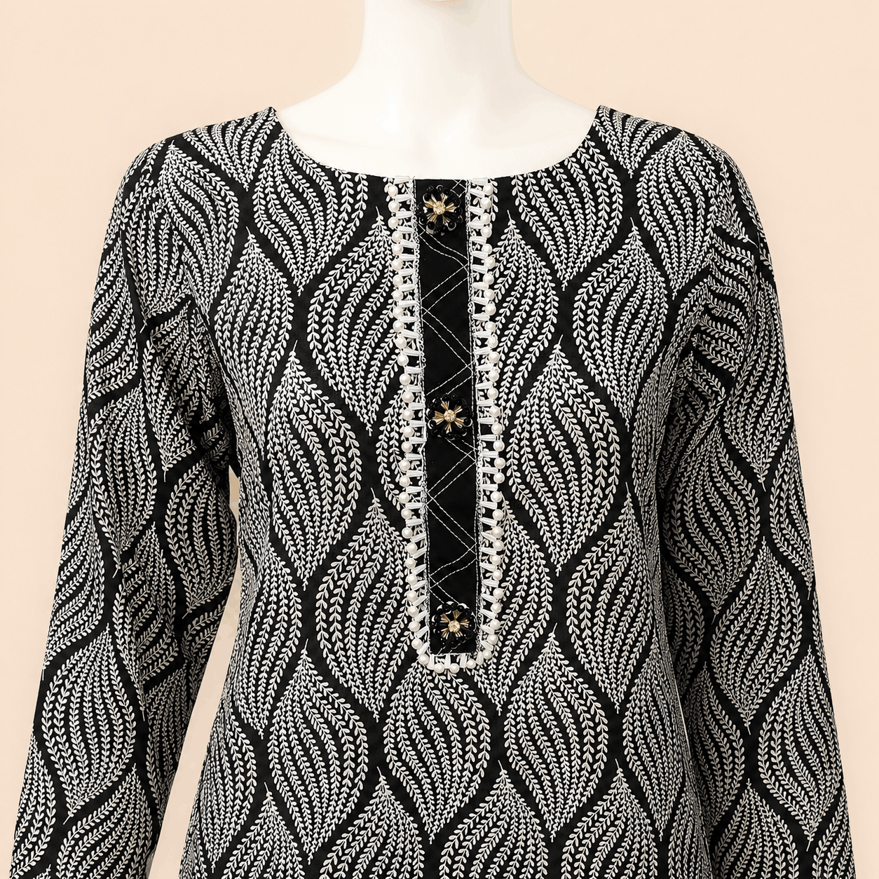 Monochrome Leaf-Print Kurta with Pearl-Trimmed Trousers – 0079M