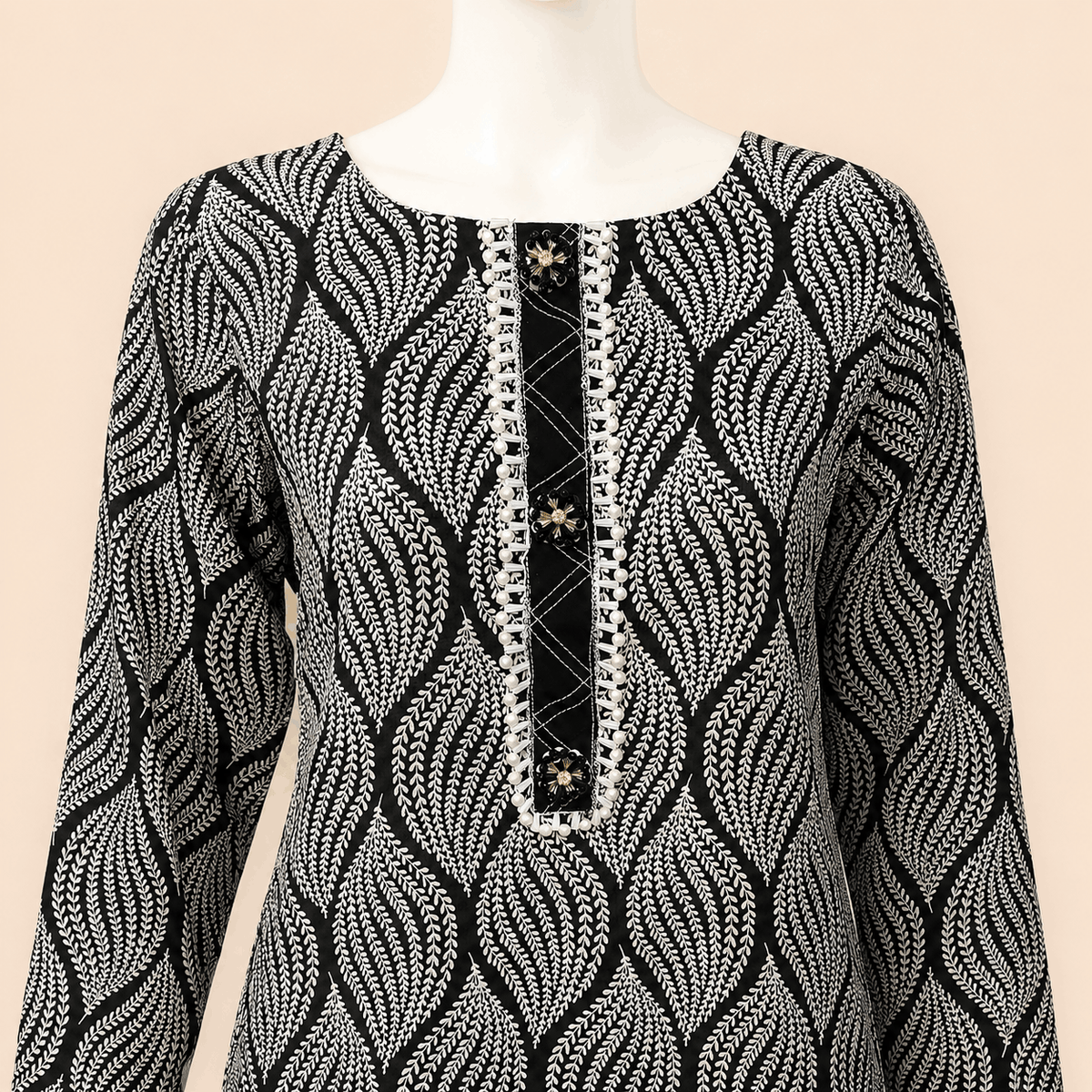Monochrome Leaf-Print Kurta with Pearl-Trimmed Trousers – 0079M