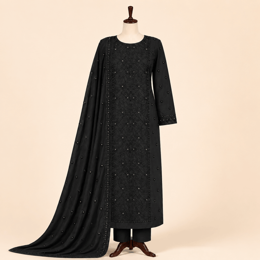 Midnight Noir Black Embellished 3-Piece Suit with Matching Chiffon Dupatta – 0123M