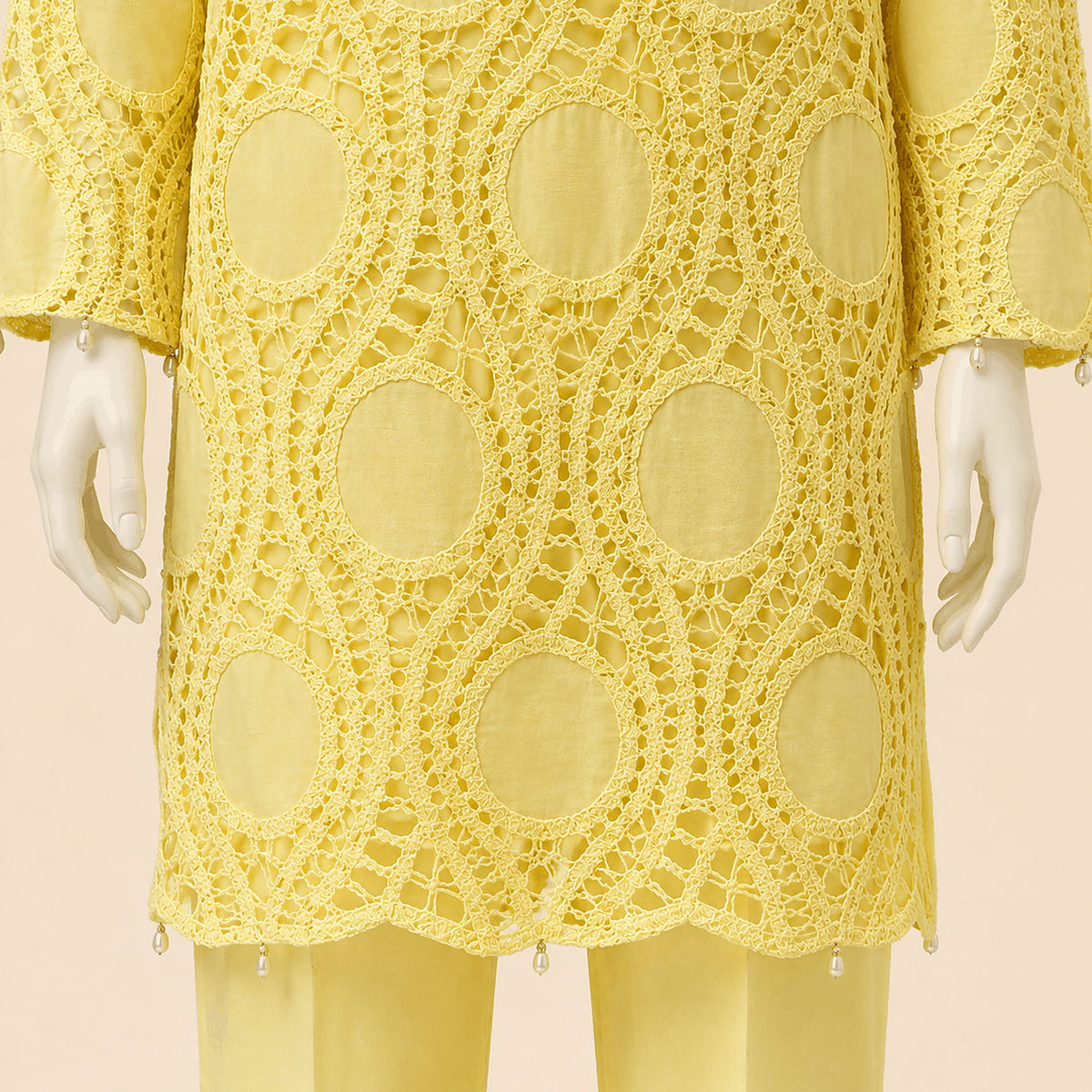 Lemon Yellow Pearl-Button Lawn Crochet work 3-Piece Suit With Lining– 0073M