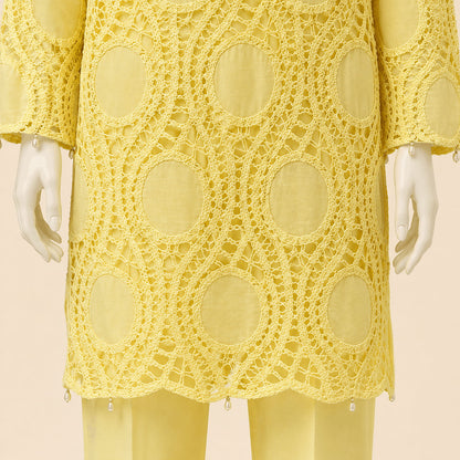 Lemon Yellow Pearl-Button Lawn Crochet work 3-Piece Suit With Lining– 0073M