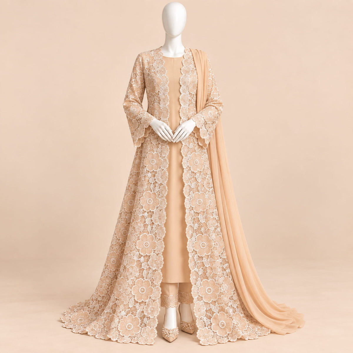 Champagne Peach Floral Lace Luxury Formal 3-Piece Ensemble – 0163M (Unstitched)